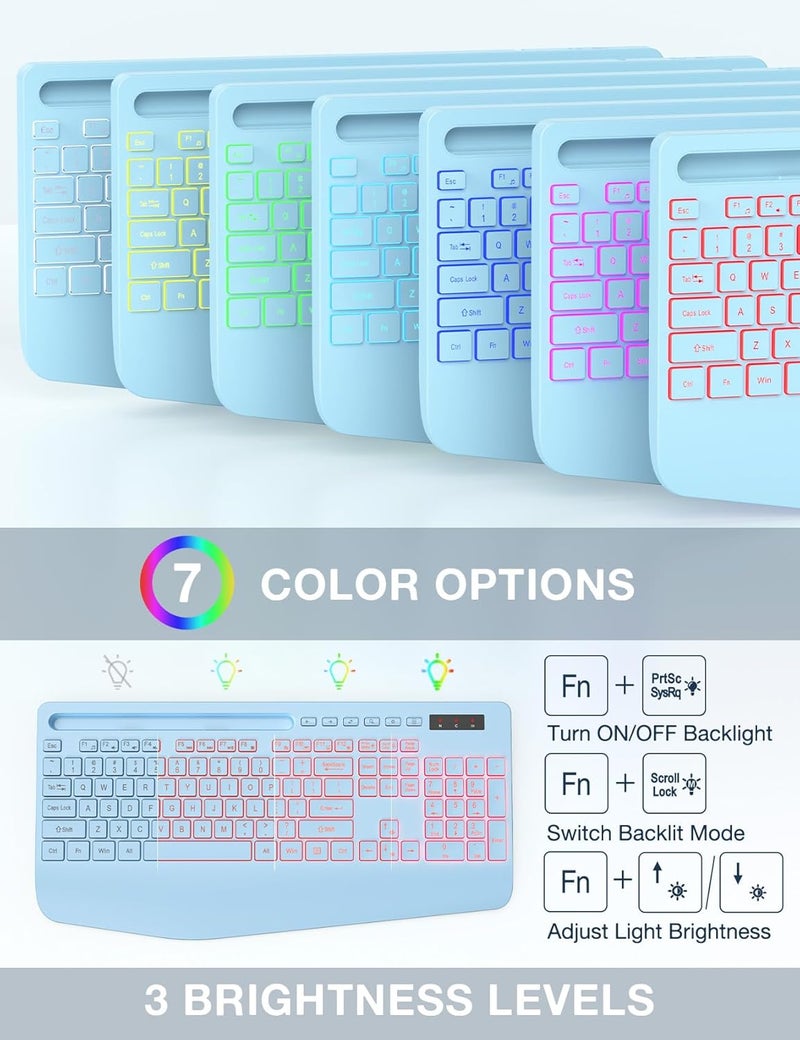 SABLUTE Wireless Keyboard and Mouse Combo, 9 Backlit Effects, Wrist Rest, Phone Holder, 2.4G Lag-Free Ergonomic Keyboards, Rechargeable Silent Cordless Set for Computer, Laptop, Mac, Windows - (Blue) - Image 3